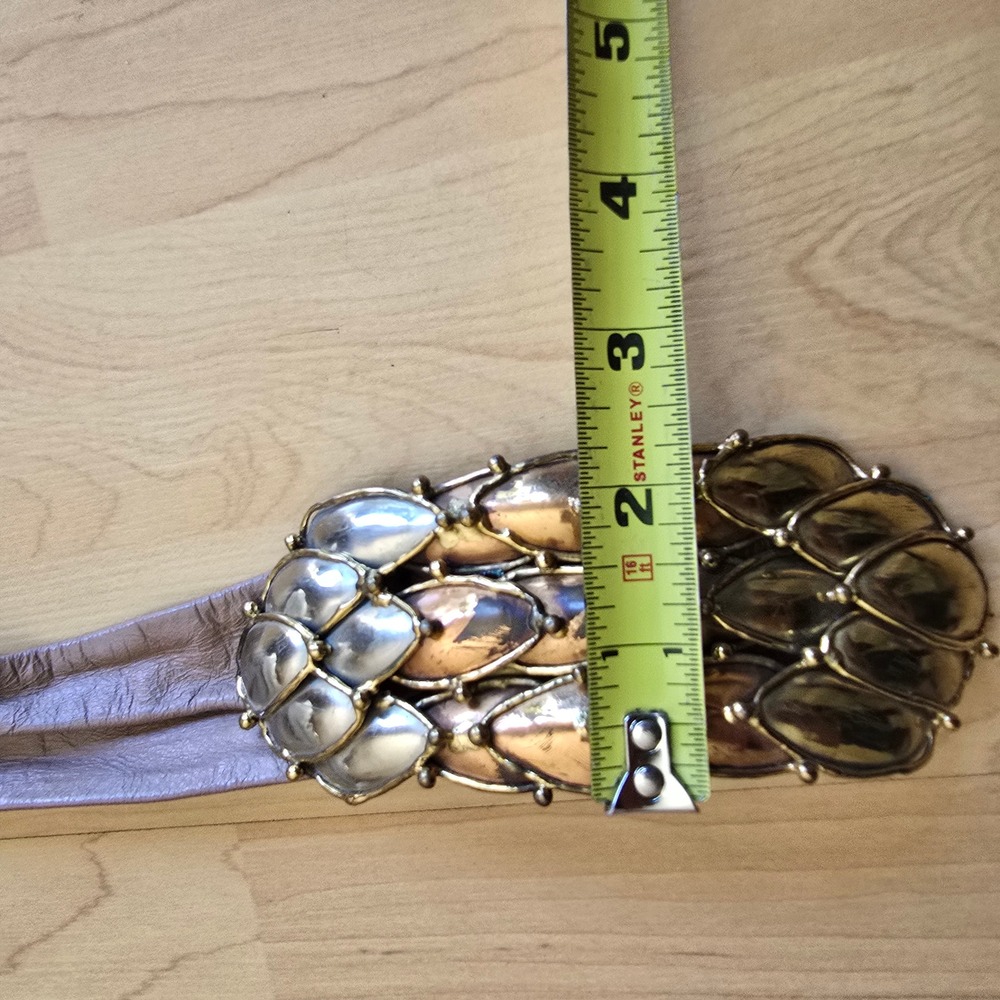 Vintage Mixed Metal Scale Buckle Leather Belt‎ Mauve Tan Statement Accessory - Picture 5 of 8